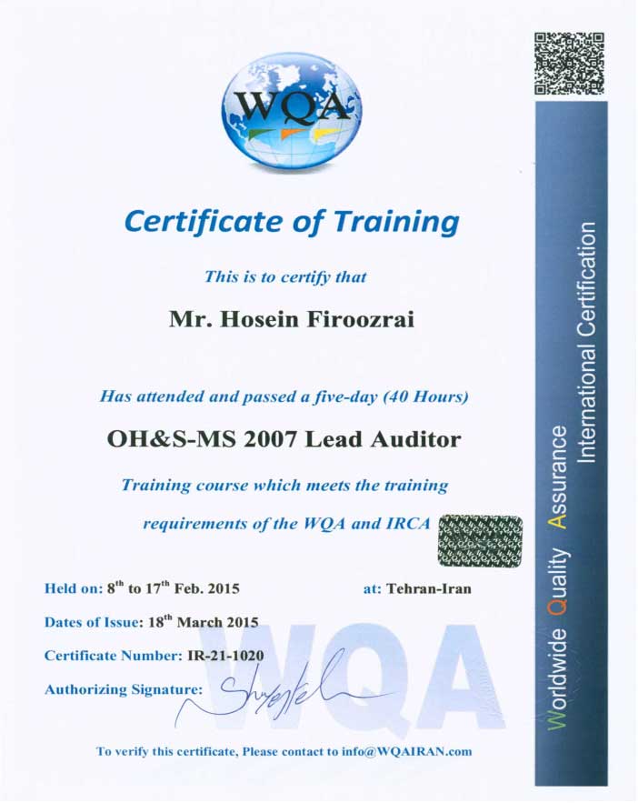 گواهینامه آموزشی سرممیزی OHSAS 18001,ISO 14001, ISO 9001  