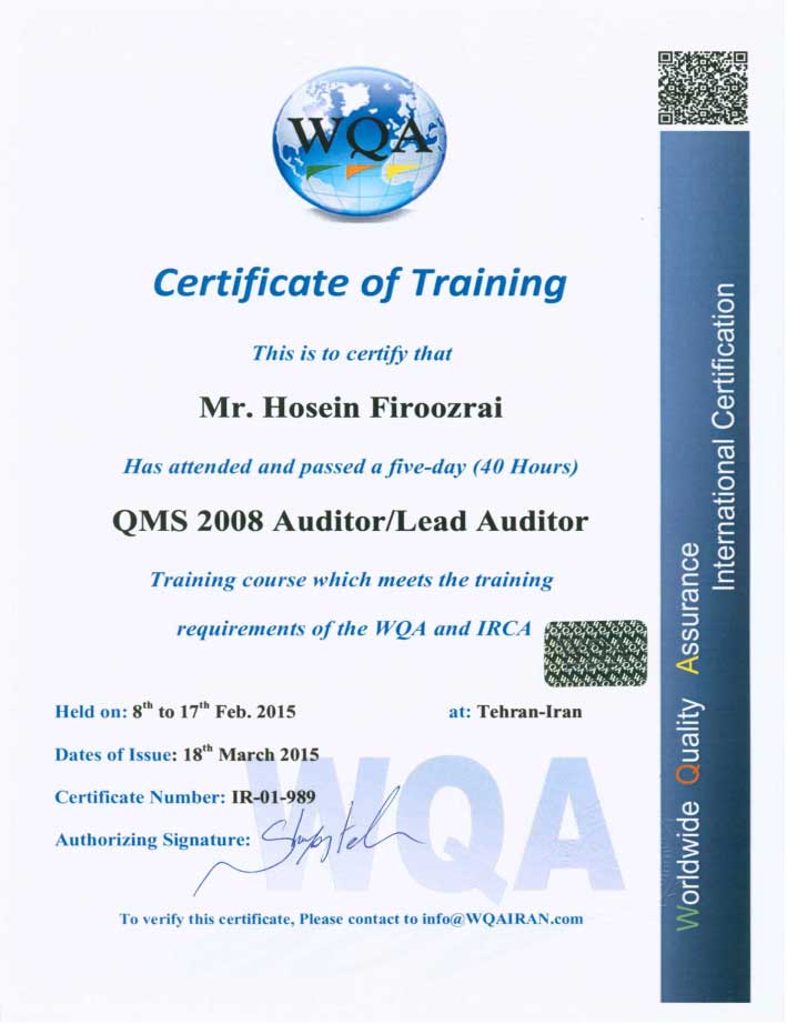 گواهینامه آموزشی سرممیزی OHSAS 18001,ISO 14001, ISO 9001  